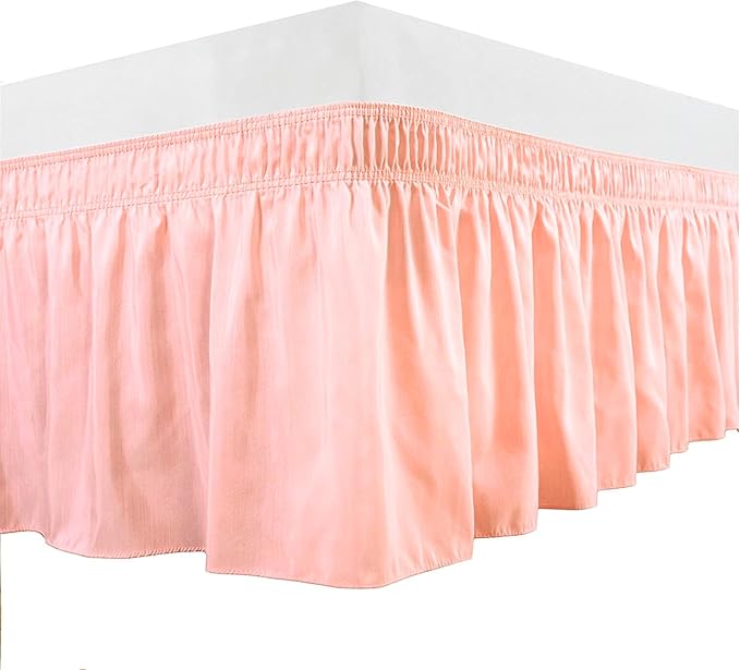 Peach Wrap Around Bed Skirts with 16" Drop - Three Sides Fabric Adjustable Elastic Dust Ruffle Silky Soft -600 TC Stretchy Bed Skirt-Short Queen(60"X 75") Peach