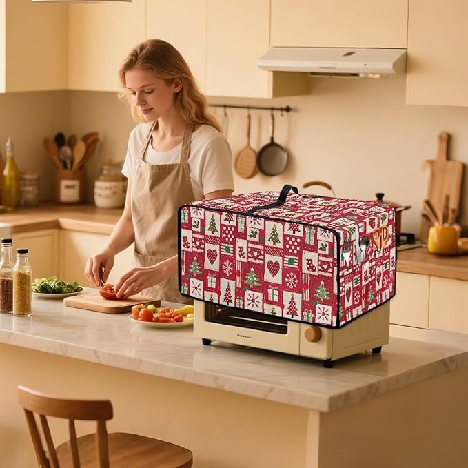 Christmas Decor Air Fryer Toaster Oven Dust Cover Washable Convection Oven Cover Stylish Kitchen Appliance Protector Decorations Countertop Accessories, M, Christmas Patchwork Print
