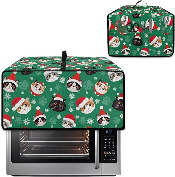 Christmas Decorations Countertop Convection Oven Cover Dust-Proof Toaster Oven Cover with Pockets, Countertop Convection Oven Protector, M, Christmas Hat Cat Paw Snowflake Green