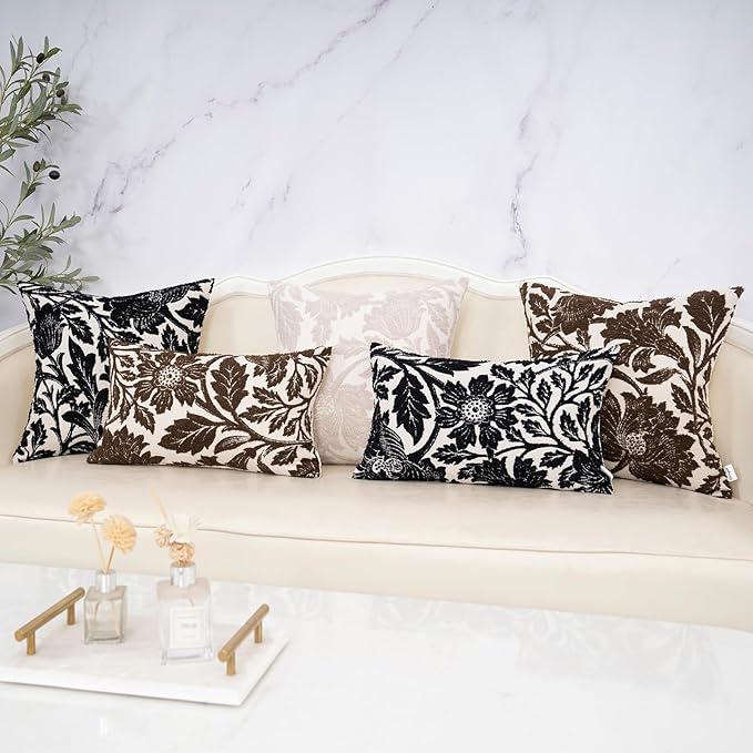 Yangest Chenille Floral Pillow Cover 20 x 20 Inches, Neutral Jacquard Square Throw Pillow Cover Soft Decorative Nature Accent Couch Pillow Cover for Living Room Bedroom, Beige