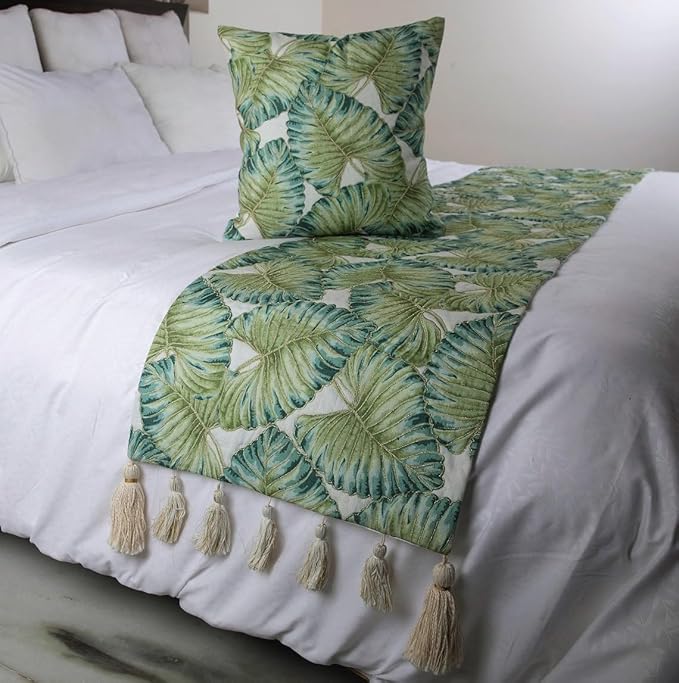 The HomeCentric Decorative Designer Handmade Bed Runner with 2 Decorative Throw Pillow Cover, 74 x 18 Inch Designer Queen Size Bed Scarf in Printed Linen & Embroidery Bed Linen - Tropical Feeling