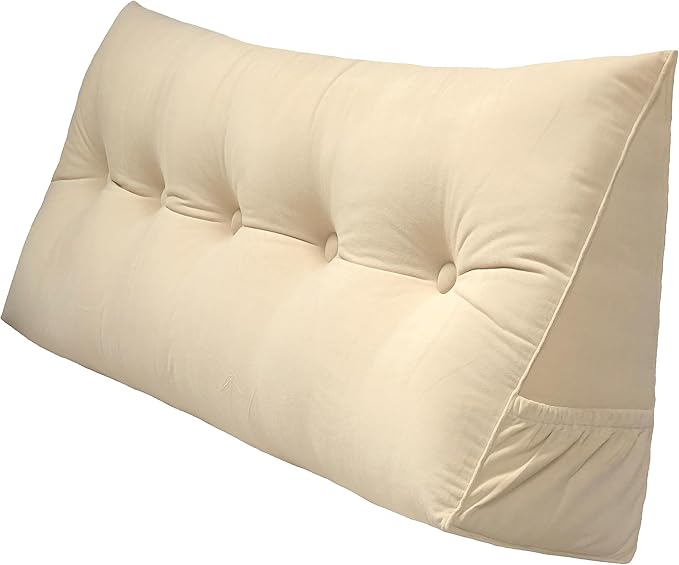 Triangular Reading Bed Rest Pillow Large Bolster Cushion Headboard Backrest Wedge Pillow with Removable Cover and Two Large Side Pockets (Beige, California King: 71 x 8 x 20 inches)