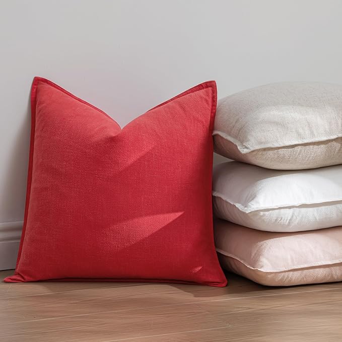 EMEMA Christmas Throw Pillow Covers Decorative Linen Pillow Covers 20x20 Inch Red Boho Farmhouse Neutral Couch Throw Pillows for Bed Pack of 2 Accent Pillowcase Modern Sofa Cushion Livingroom Home