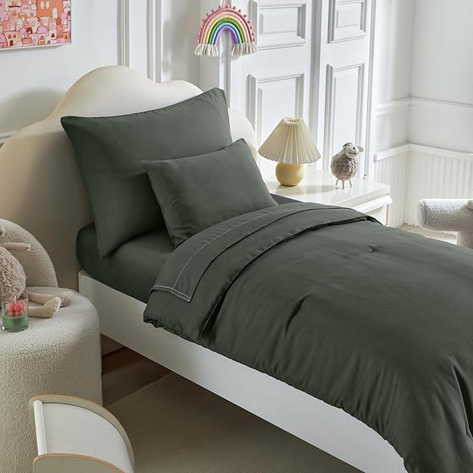 Toddler Bedding Set - 5 Piece Soft and Breathable Toddler Bed Set for Boys and Girls, Includes Quilted Comforter, Fitted Sheet, Flat Top Sheet, Standard Pillowcase and Toddler Pillowcase, Dark Green