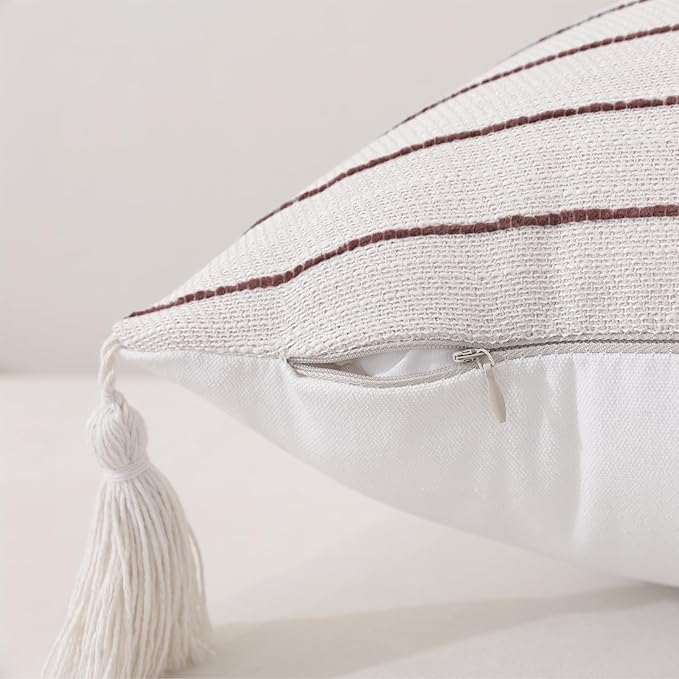 Boho Lumbar Pillow Covers 14x36 Inch Long, Wine Red Textured Linen Striped Cushion Covers with Tassels, Soft & Cozy Farmhouse Decor Pillow Cases for Sofa Couch Living Room, Pack of 1