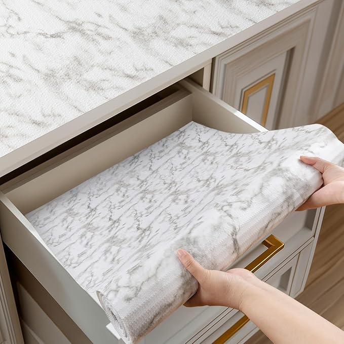 Shelf and Drawer Liner for Kitchen Cabinets Non-Adhesive, Strong Grip Non-Slip Thickened Cabinet Liners for Shelves, Waterproof Mats for Dresser Cupboard, Marble, 12 in x 30 Feet