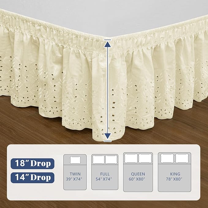 Full Bed Skirt, Wrap-Around Elastic Ruffled Eyelet Bed Skirt Full Size Dust Ruffle with Gathered Styling and Embroidered Details, 14" Drop Length (Light Yellow)