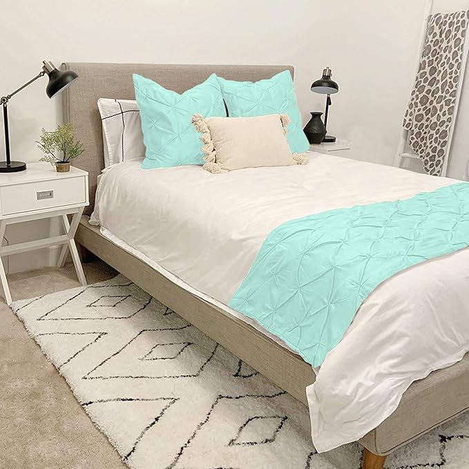 Bed Runner Set - 100% Pure Cotton 800 Thread Count - Luxury 1 Pinch Pleated Bed Runner and 2 Pillow Cover - 3 Piece Pinch Pleated Bed Runner Set Twin, Aqua