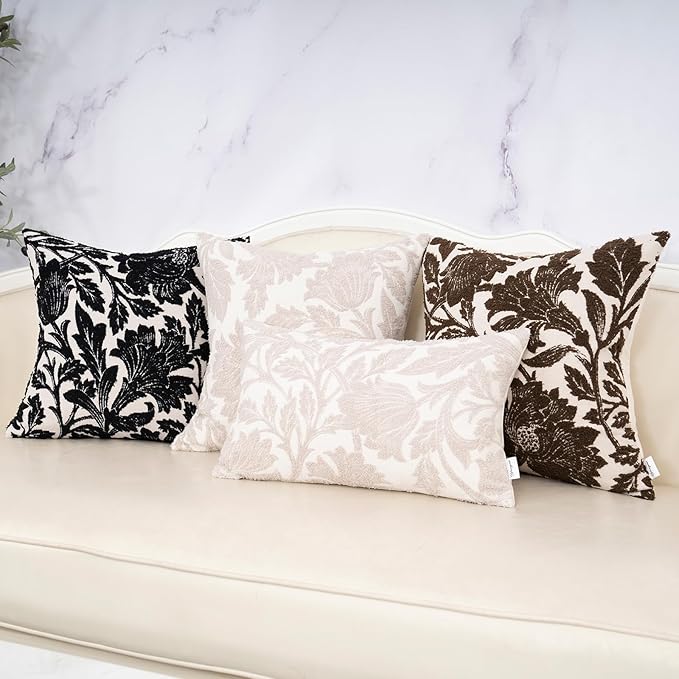 Yangest Chenille Floral Pillow Cover 20 x 20 Inches, Neutral Jacquard Square Throw Pillow Cover Soft Decorative Nature Accent Couch Pillow Cover for Living Room Bedroom, Black