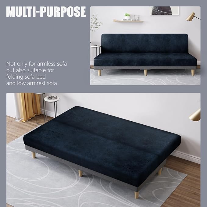 molasofa Leather Like Stretch Futon Slipcover Armless Futon Bed Sofa Cover Furniture Protector with Elastic Bottom, Soft and Washable Futon Cover for Sofa Bed Stay in Place（X Larger, Navy Blue）