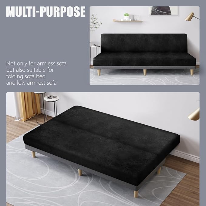 molasofa Leather Like Stretch Futon Slipcover Armless Futon Bed Sofa Cover Furniture Protector with Elastic Bottom, Soft and Washable Futon Cover for Sofa Bed Stay in Place（X Larger，Black）
