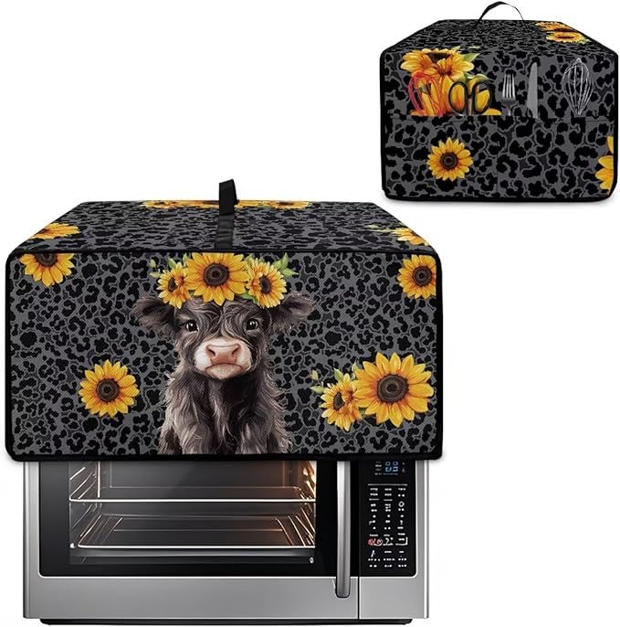 Air Fryer Toaster Oven Dust Cover with Storage Pockets, Stain-resistant Countertop Convection Oven Cover Kitchen Appliance Decor, M, Highland Cow Sunflower Dark Gray