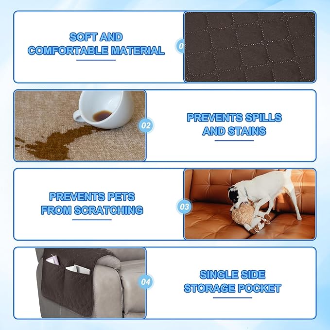 uxcell 3 PCS Armrest Covers, Couch Arm Cover Furniture Protect Slide Recliner Chair Armchair Covers with Side Storage Pocket for Sofa Recliner, Coffee
