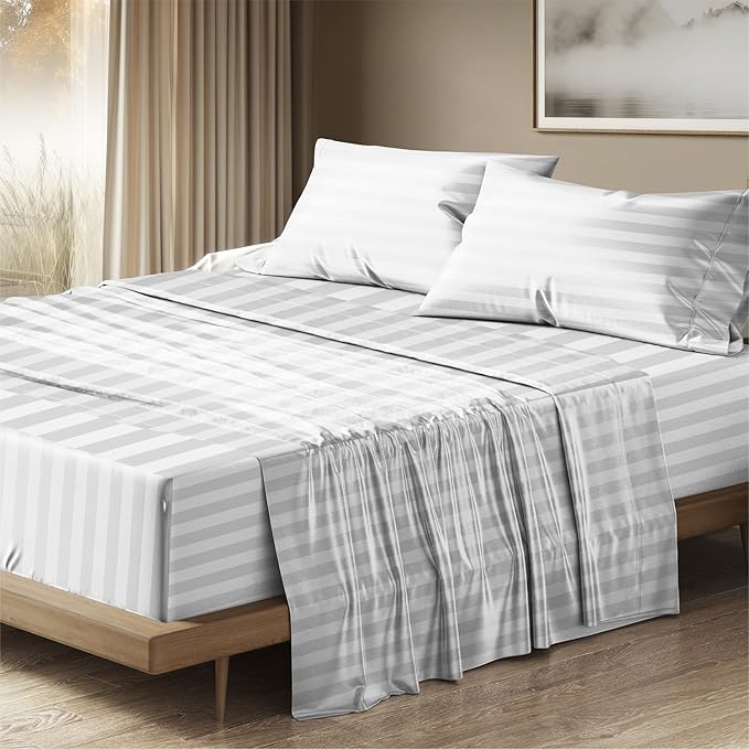 THREAD SPREAD 100% Egyptian Cotton Sheets Queen Size - 1500 Thread Count 4 PC Damask Sheet Set Egyptian Cotton, Sateen Luxury Sheet Queen Size, Soft Sateen Sheets, 17" Deep Pocket - White Stripe