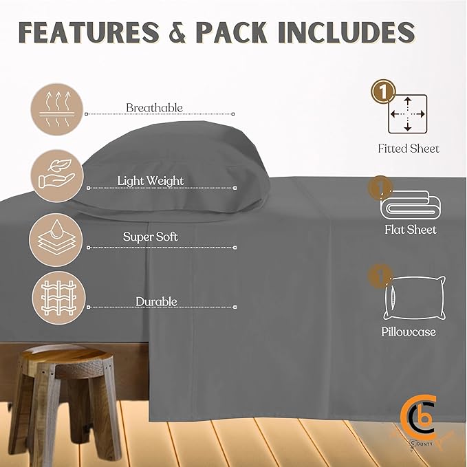Camping Cot Sheets 33" x 75" - 3 Piece Cot Sheet Set for Bunk Bed - fits upto 9" Deep Mattress, Perfect for Narrow Twin, Camping Cot, RV Bunk, Guest Beds, Trifold Mattress - Dark Grey