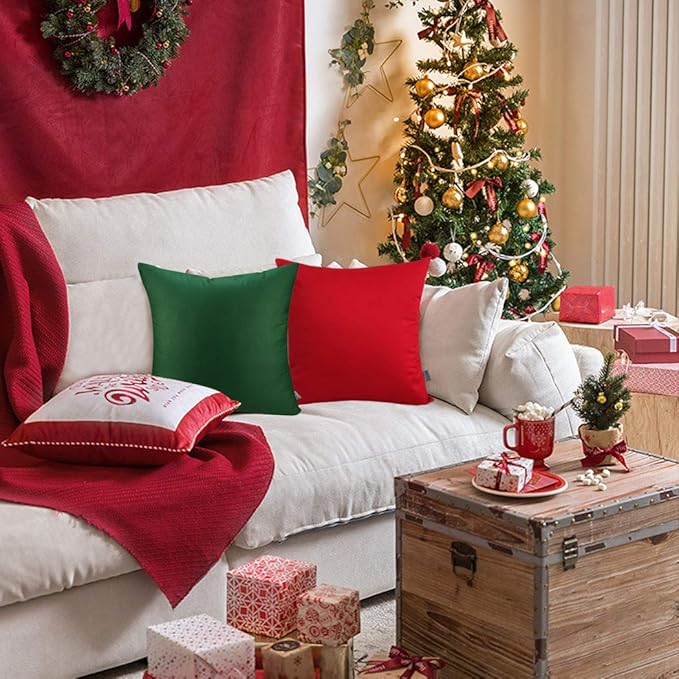Thmyo 4-Pack 100% Cotton Comfortable Solid Decorative Throw Pillow Case Square Cushion Cover Sublimation Blank Pillow Covers DIY Throw Pillowcase for Sofa Couch(24x24 inch/ 60x60cm,Christmas Green)