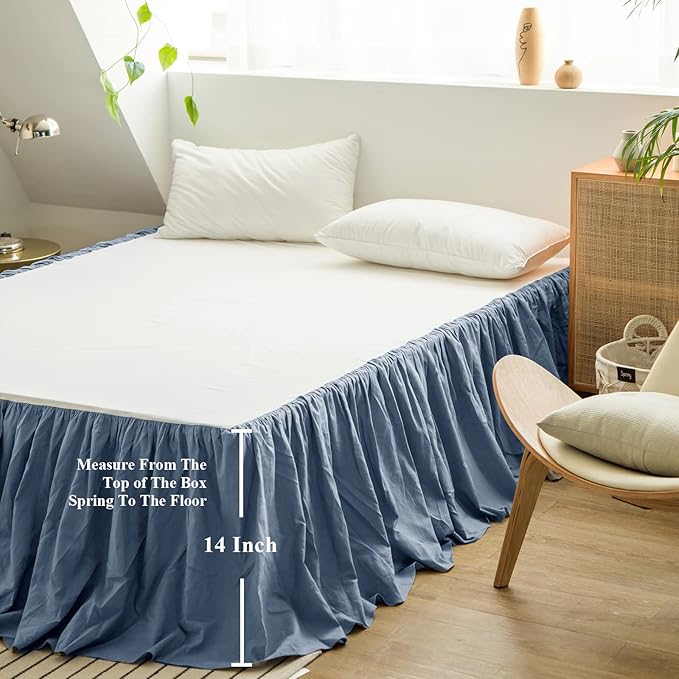 BISELINA French Linen Bed Skirt with Pleated Frills 14-Inch Tailored Drop Natural Flax Cotton Blend Dust Ruffle Soft Cozy Farmhouse Bedding (14" King, Navy Blue)