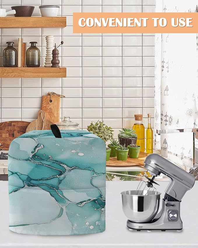 Turquoise Marble Stand Mixer Dust Cover with Storage Pocket & Handles, Fits All Tilt Head & Bowl Lift Modern Aesthetic Kitchen Appliance Cover Organizer Abstract Fluid Art Bag Accessories, 6-8 Quart