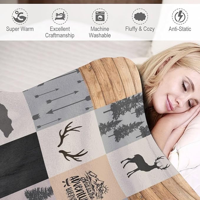 Rustic Cabin Throw Blanket, Retro Camping Bear Deer Farmhouse Wildlife Tree Forest Brown Gray Print Warm Flannel Blanket for Bedroom Camping Travel, 60"x80"