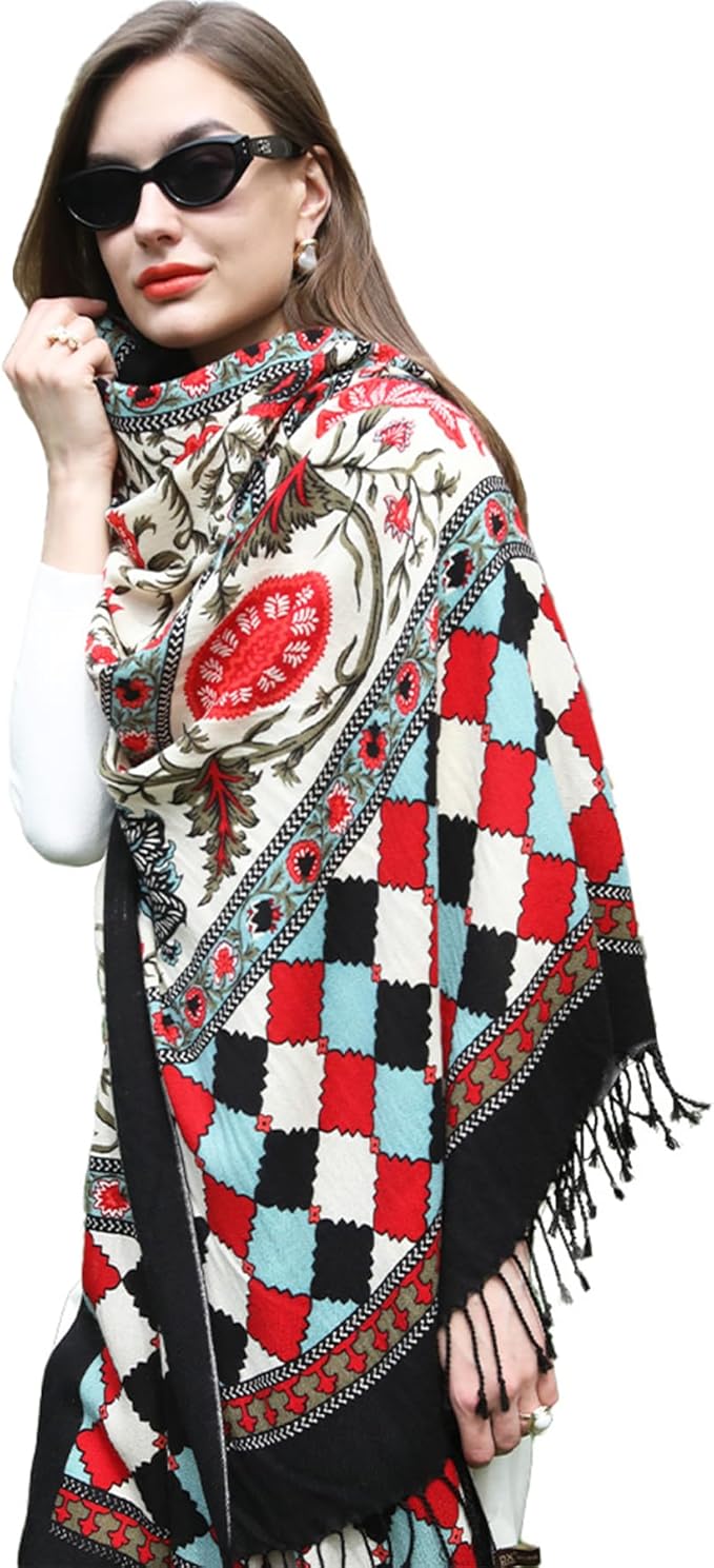 DANA XU 100% Merino Wool Pashmina Shawl for Women 96"x43", Oversized Cashmere Wrap with Tassels, Floral Travel Blanket Cape