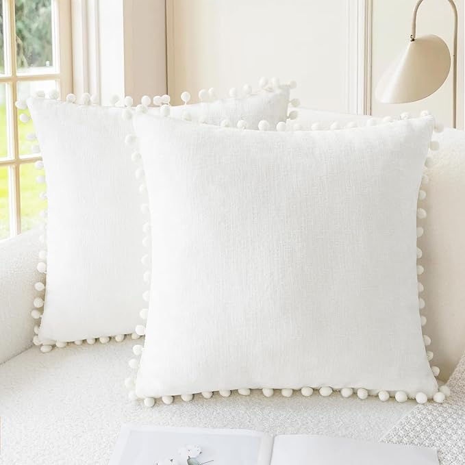 CaliTime Throw Pillow Covers Decorative 16 X 16 Inches Pack of 2 Cozy Solid Dyed Soft Chenille Cushion Cases with Pom Poms for Couch Sofa Bed Living Room Home True White