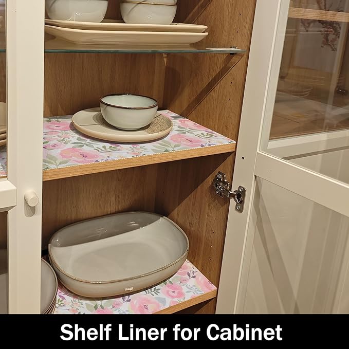 Peach Peony Shelf and Drawer Liner for Kitchen,Non-Adhesive and Strong Non-Slip Floral Cabinet Drawer Liners for Kitchen Shelf, Waterproof Cupboard Liners,Easy to Clean,12IN x 10FT