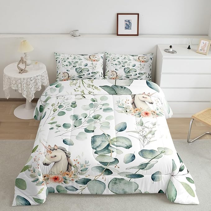 Erosebridal Kids Cute Animal King Bedding Sets for Girls Boys Cartoon Unicorn Comforter Set, Spring Eucalyptus Duvet Insert Floral Down Comforter, Kawaii Magical Animal Bedding Comforter Sets