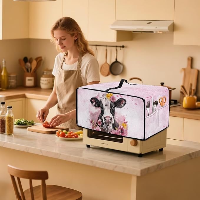 Air Fryer Toaster Oven Dust Cover Washable Fabric Convection Oven Protector with Storage Pockets, L, 18.5 x 22.5 x 13 Inches, Cow Pink Flower Pattern