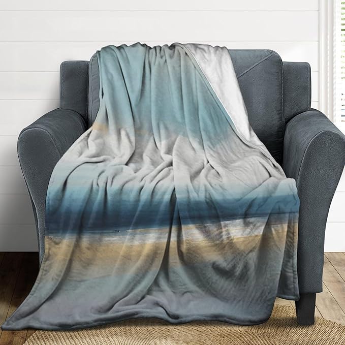 Fashion Gradient Blanket, Modern Art Abstract Blue Sea View Painting Strokes Pattern Soft Warm Cozy Plush Flannel Covers for Livingroom Bedroom Couch Chair Camping Travel Home Decor Tapestry 60x80in