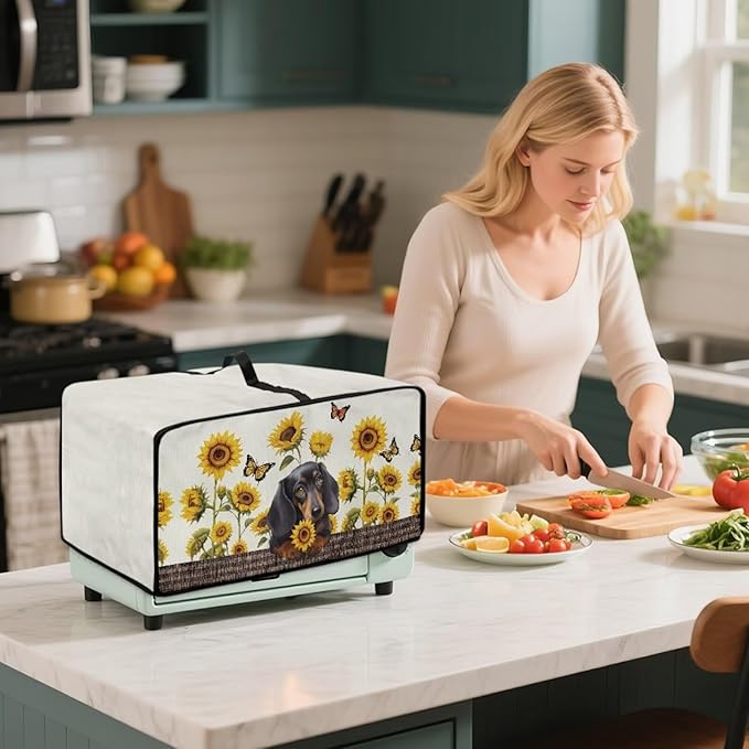 Dachshund Dog Sunflower Butterfly Print Microwave Oven Dust Cover Dustproof Microwave Toaster Oven Cover Polyester-Linen Fabric Kitchen Machine Covers for Toaster Oven Air Fryer, M