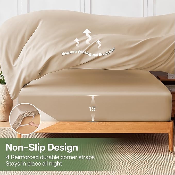 MR&HM Twin XL Fitted Sheet Only, Ultra-Soft Rayon Derived from Bamboo & Polyester Blend, Silky & Breathable, 15" Deep Pocket with Elastic Straps, Cooling Fitted Sheet for Hot Sleepers, Beige