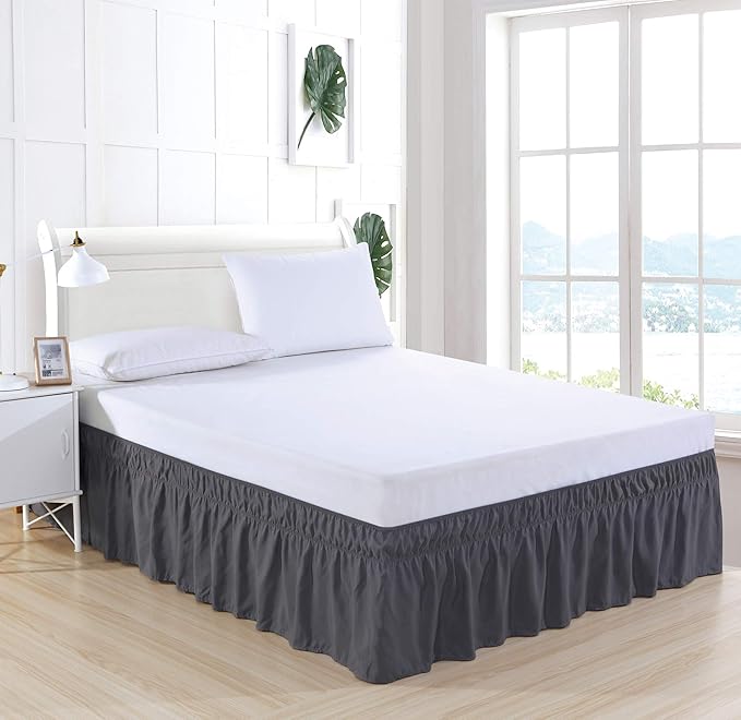 MEILA Wrap Around Bed Skirt Three Fabric Sides Elastic Dust Ruffled 24 Inch Tailored Drop,Easy to Install Fade Resistant-Dark Grey, Twin/Full