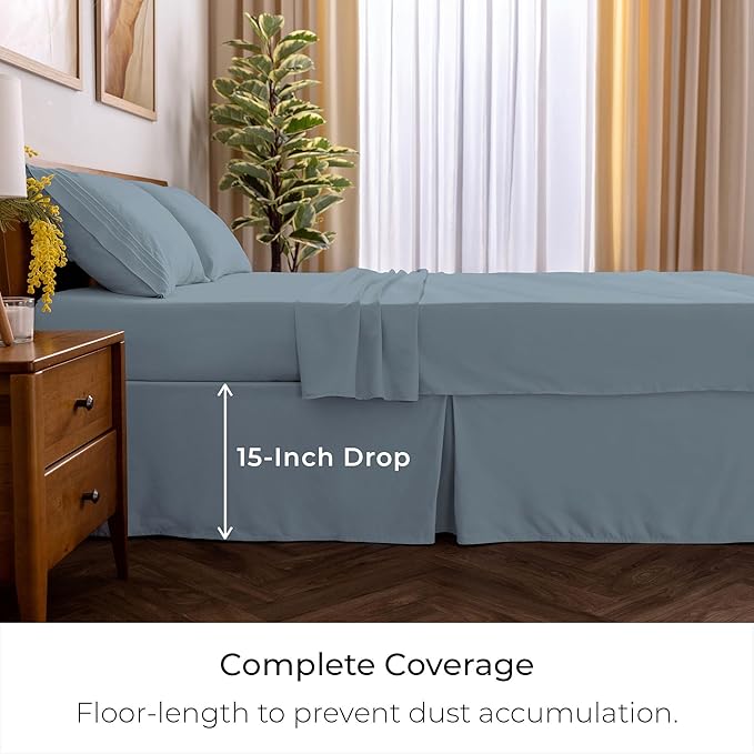 Mellanni Bed Skirt Queen Size - Bed Skirting - 15-Inch Tailored Drop Pleated Dust Ruffle - Hotel Luxury Bedding - Wrinkle, Fade, Stain Resistant - 1 Bedskirt (Queen, Blue Hydrangea)