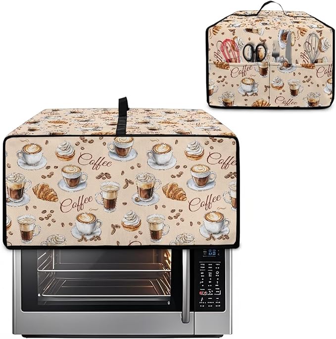 Waterproof Microwave Oven Dust Cover Heavy Duty Microwave Oven Grill Cover Dustproof Kitchen Machine Covers Case Protections for Toaster Oven, Coffee Cup Bean Bread Cream Print, L