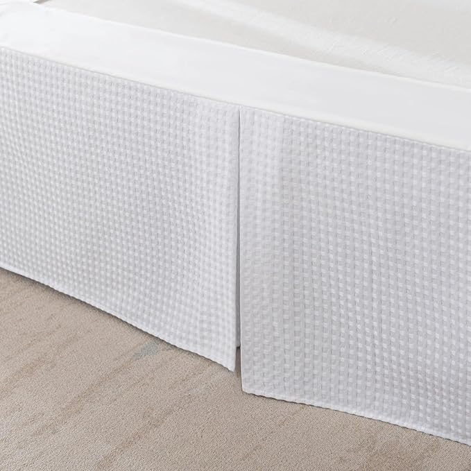 Twin Bed Skirt, Wrap Around Bed Skirt with Pleated Corner, 16 Inch Drop Pleated Waffle Weave Bedskirts, Anti-Slip, Microfiber, White, 16'' Twin