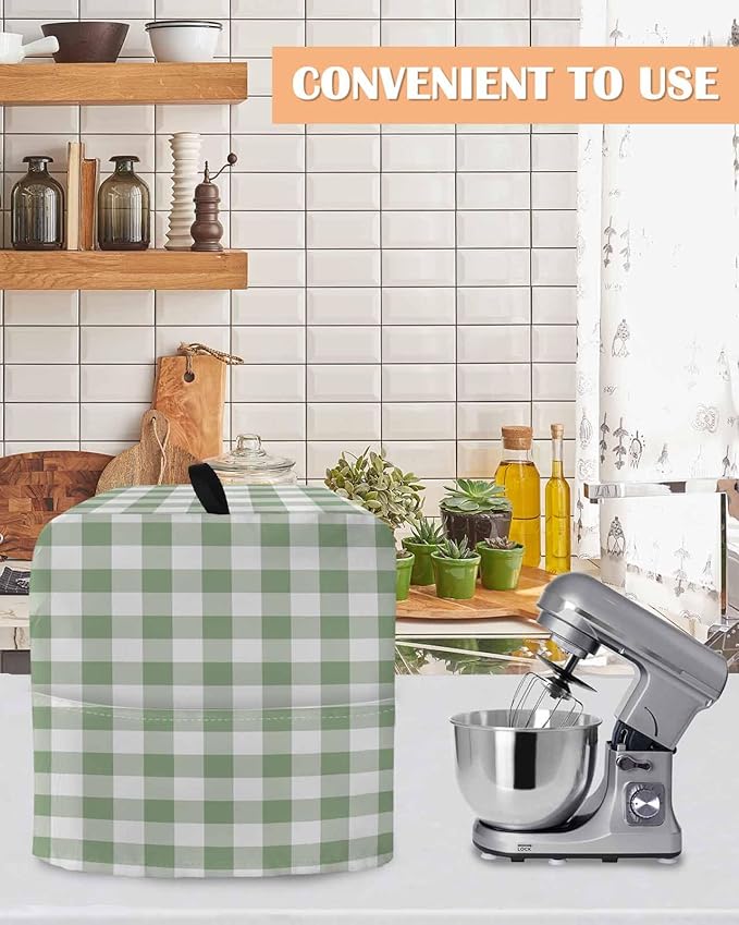 Green Plaid Stand Mixer Dust Cover with Storage Pocket & Handles, Fits All Tilt Head & Bowl Lift Modern Minimalism Kitchen Appliance Cover Organizer Buffalo Checked Art Bag Accessories, 6-8 Quart