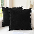 CaliTime Throw Pillow Covers Decorative 22 X 22 Inches Pack of 2 Cozy Solid Dyed Soft Chenille Cushion Cases with Pom Poms for Couch Sofa Bed Living Room Home Black