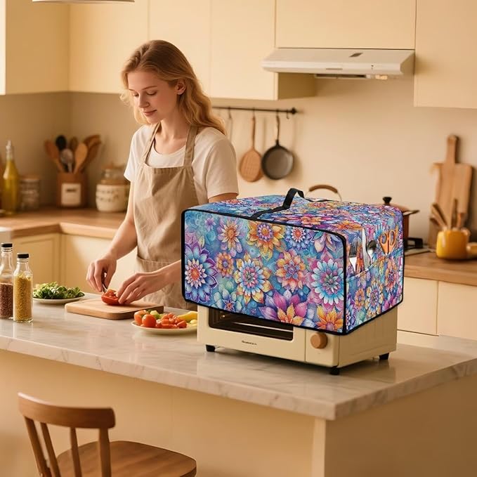 Boho Mandala Floral Print Microwave Oven Dust Cover with Storage Bags Universal Toaster Oven Cover Waterproof Polyester-Linen Fabric Kitchen Appliance Protector, L