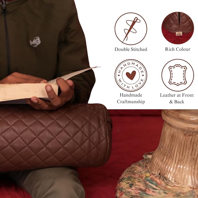 Neck Roll Pillow Cushion Cover, 24x6 Inch Full Moon Round Bolster Pillow Case, Cylinder Soft Lambskin Leather Pillowcase for Head, Spine & Neck Support During Sleep - Quilted Chocolate Brown Pack of 2