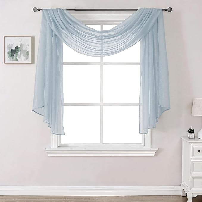 DONREN Sheer Scarf Curtain for Bedroom - Window Topper Valance Voile Panel Classic for Sons/Boys/Seniors Room (W34 x L144, 1 Pack, Dusty Blue)