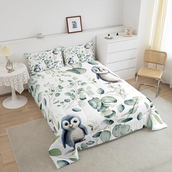 Erosebridal Cartoon Penguin Full Comforter Set Toddler Woodland Wildlife Bedding Set, Plant Bedding Comforter Sets Eucalyptus Leaf Duvet Set, Antarctic Animal Theme Quilted Comforter Kids Room Decor