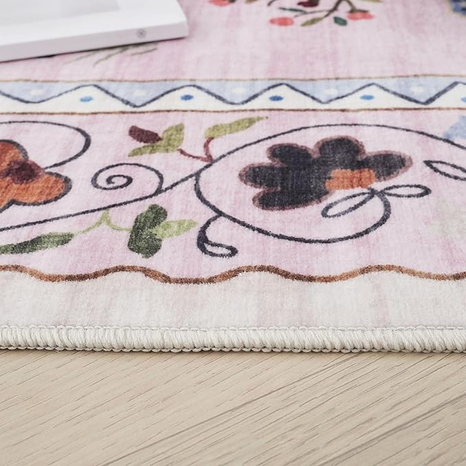 Rugcomf Area Rugs 8x10 Rug for Living Room Clearance Washable Boho Area Rug Non Slip Floral Animal Cat Vintage Low Pile Large Rug for Living Room Bedroom Farmhouse Dining Room Kids Playroom, Pink