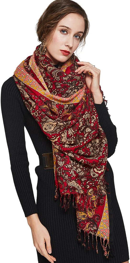 DANA XU 100% Merino Wool Pashmina Shawl for Women 96"x43", Oversized Cashmere Wrap with Tassels, Floral Travel Blanket Cape