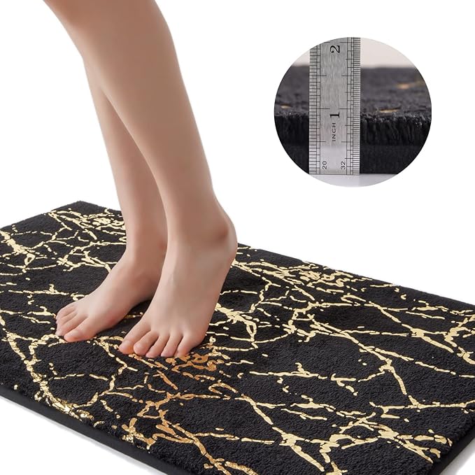 QJHOMO Marble Bathroom Rug Black and Gold Decor Bathroom Rugs Non Slip Bath Mat Super Absorbent Microfiber Plush Bathmat Machine Washable Floor Carpet for Tub, Shower, Bedroom (24x36 inch)