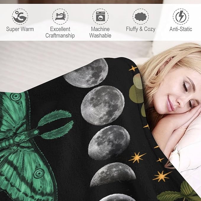 Moon Phase Moth Blanket, Vintage Botanical Mushroom Wildflower Gothic Night Moonlit Mysterious Witchy Throws Blanket for Sofa Bed Couch Chair, 60"x80"