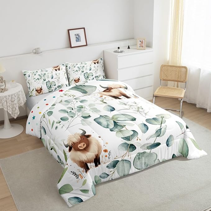 Erosebridal Boys Cartoon Animal Bedding Toddler Size for Kids Kawaii Cow Comforter Set, Highland Cattle Bull Duvet Insert Western Cowboy Quilt Comforter, Green Eucalyptus Bedding Comforters & Sets