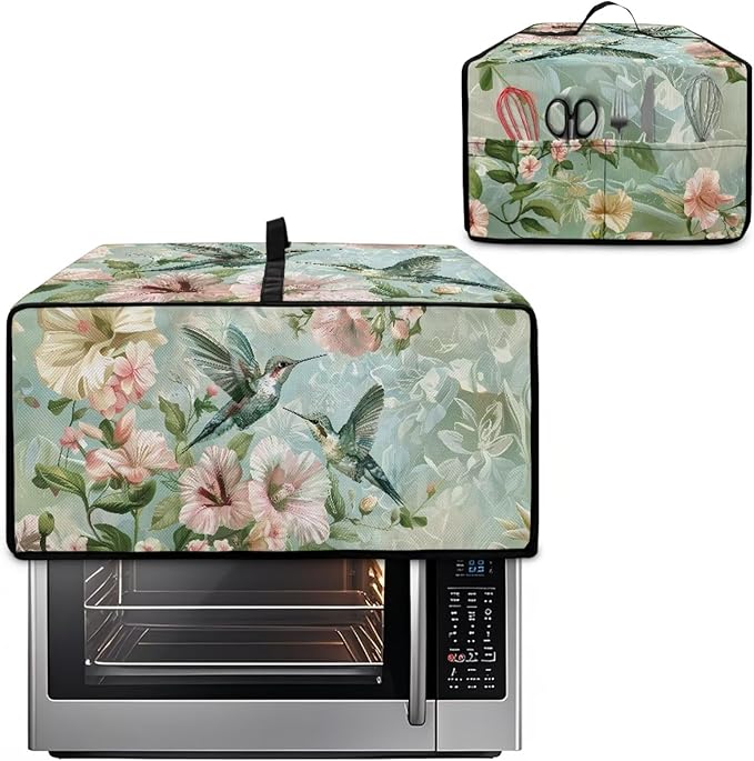 Air Fryer Toaster Oven Dust Cover Protective Convection Oven Cover with Pockets and Handle for Kitchen Countertop, L, 18.5 x 22.5 x 13 Inches, Retro Hummingbird Hibiscus Flower Green