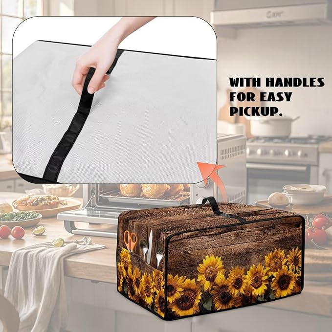 Microwave Oven Cover Vintage Sunflower Wood Grain Print Waterproof Toaster Oven Dustproof Cover Large Size Kitchen Appliance Protector with Storage Bag Machine Washable, M