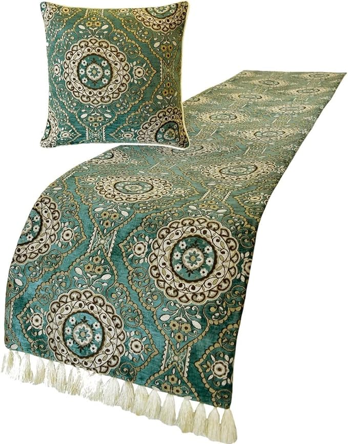 The HomeCentric King/Queen/Twin Teal Decorative Queen 74"x18" Bed Runner Without Pillow Cover, Art Deco, Floral, Tassels & Velvet Bed Scarf on Velvet Fabric - Ahmet
