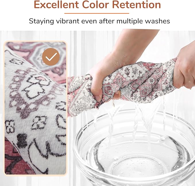 OPPODREAM Thin Area Rugs 3x5, Washable Rugs with Non Slip Backing, Low-Pile Throw 3x5 Carpet, Faux Cashmere 3 x 5 Carpet, Pink & Cream